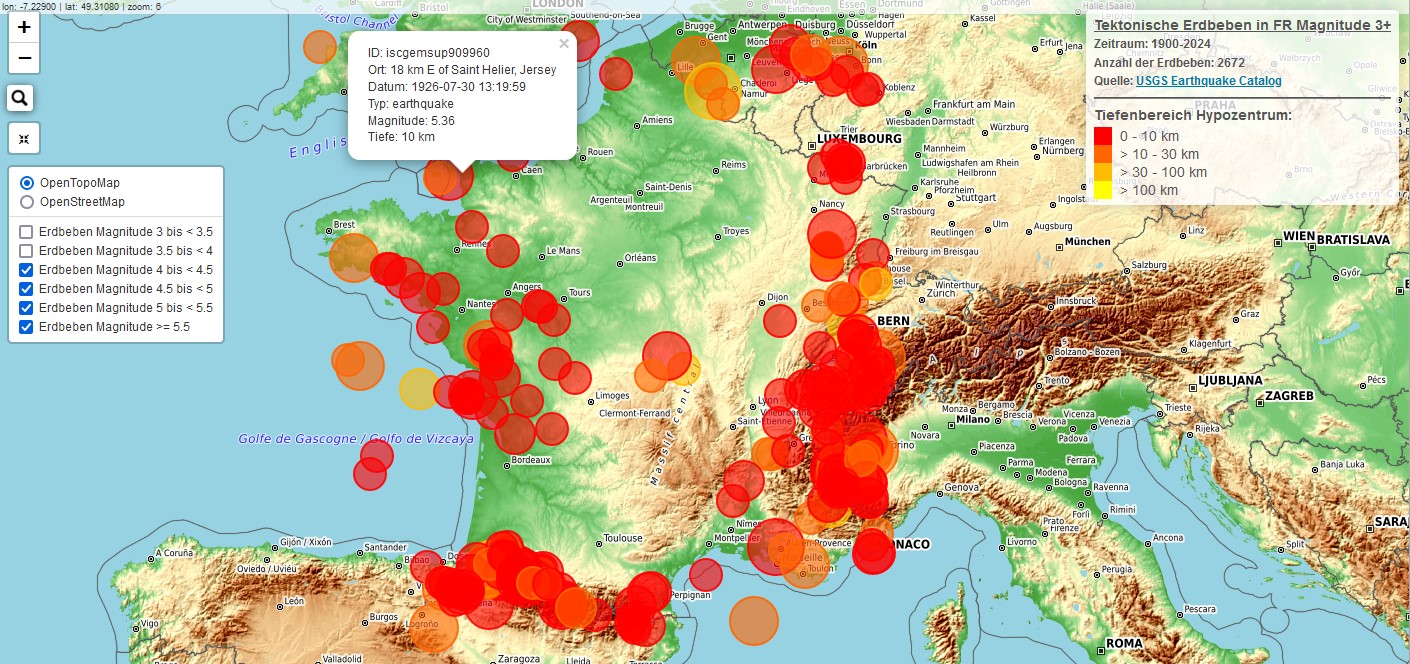 M3+ Earthquakes France 1900-2024